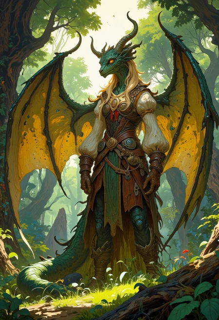 A stunning female dragon humanoid with shimmering emerald-green scales, long blonde hair cascading over her shoulders, and vivid amber eyes framed by delicate eyelashes. Her large leathery wings stretch majestically, and her curved horns lend her an air of regal power. She wears a fitted ribbed sweater with puffy sleeves, a breastplate adorned with intricate carvings, and a skirt paired with sturdy brown gloves and a belt. A red ribbon ties neatly at her collar. The setting is a sunlit forest clearing, with dappled light filtering through the trees, highlighting the vibrant greenery and the soft rustle of nature around her. Anime style