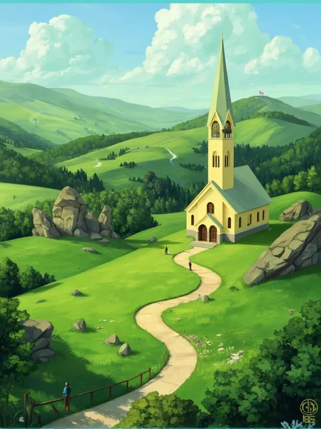 <lora:ck-LttleGhost-000011.safetensors:1> in the style of ck-lttlegh0stA serene pastel-yellow chapel stands amidst a breathtakingly beautiful green landscape. Rolling hills and a winding pathway provide a picturesque setting, complete with intricate steeples and vintage architecture. The image conveys a sense of tranquility, making it an ideal choice for travel or property marketing materials.