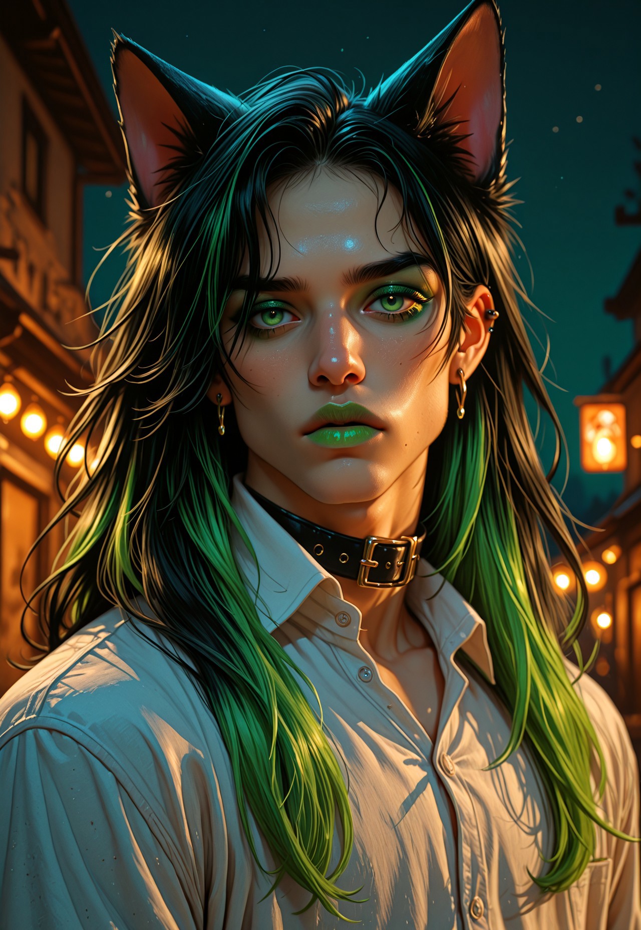 masterpiece, very aesthetic, F4UXM3D14, animal ears, green hair, earrings, solo, jewelry, green eyes, cat ears, male focus, piercing, 1boy, multicolored hair, collar, portrait, looking at viewer, green lips, ear piercing, black hair, shirt, makeup, white shirt, two-tone hair, long hair, night, cat boy, collared shirt, green eyeshadow, painterly, traditional media, gouache, oil paint, painting, faux traditional media