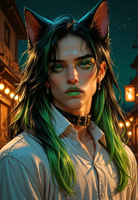 masterpiece, very aesthetic, F4UXM3D14, animal ears, green hair, earrings, solo, jewelry, green eyes, cat ears, male focus, piercing, 1boy, multicolored hair, collar, portrait, looking at viewer, green lips, ear piercing, black hair, shirt, makeup, white shirt, two-tone hair, long hair, night, cat boy, collared shirt, green eyeshadow, painterly, traditional media, gouache, oil paint, painting, faux traditional media