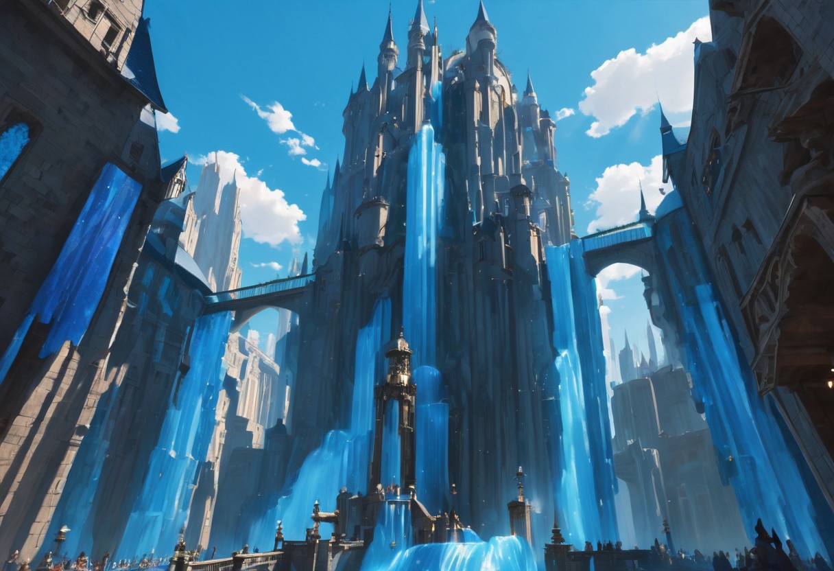 a floating castle in the air, a waterfall flows from the castle to the ground, sharp faceted blue crystals decorate the castle, looking up from the ground view