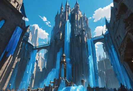 a floating castle in the air, a waterfall flows from the castle to the ground, sharp faceted blue crystals decorate the castle, looking up from the ground view