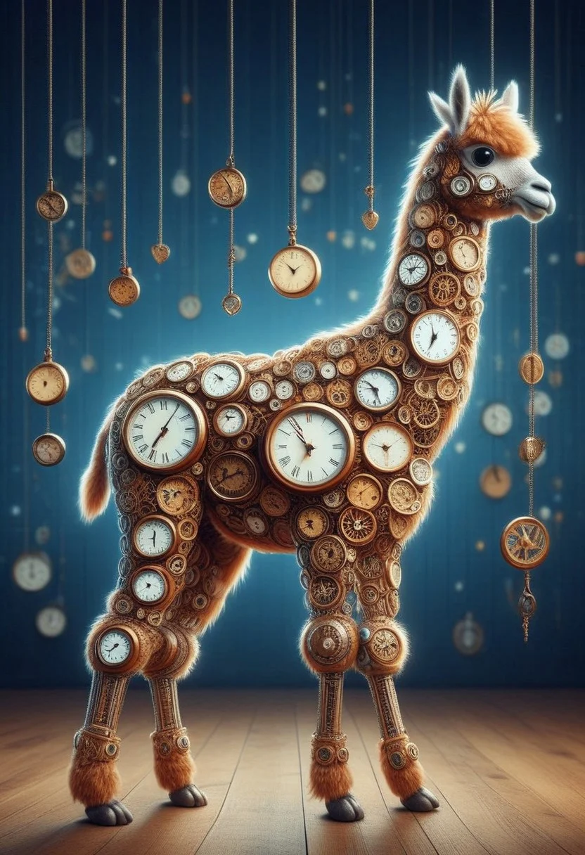 a cute clock style alpaca, chibi eyes