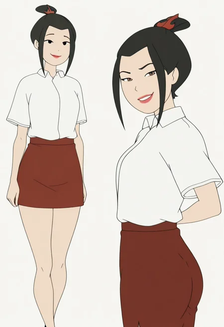 <lora:Azula_Illustrious7B:1>
<lora:Juukyuu_Style:1>,
1girl, azula, hair bun, black hair, hairpin, red hairpin,
brown eyes,
lipstick, makeup,
school uniform, alternate costume,
white shirt, red skirt, pencil skirt,
medium breasts, shirt tucked in, tight shirt,
ass, tight clothes,
looking at viewer, smile,
masterpiece, flat colors, solid circle eyes,