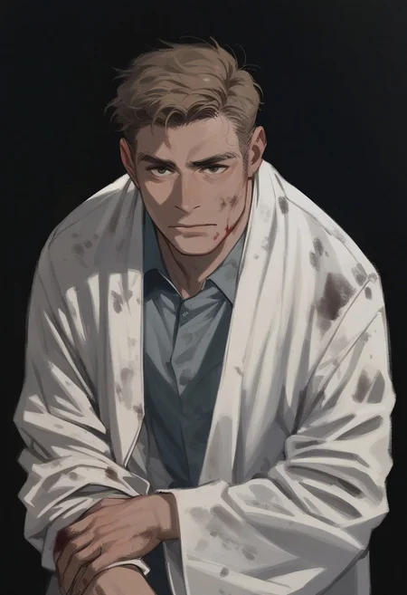score_9, score_8_up, score_7_up, male, simple background, black background, human, a scientist's robe, clothes covered in dirt and blood, disturbing, closed mouth, official state clothing