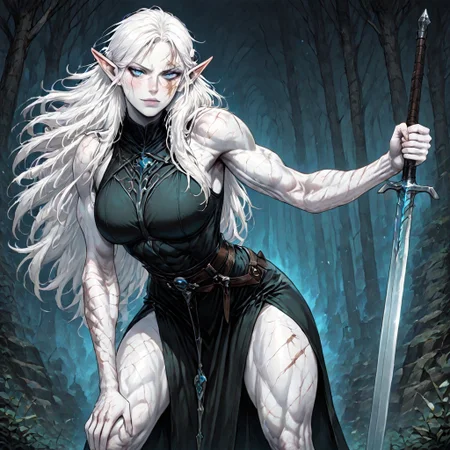 masterpiece, best quality, newest, absurdres, highres,
MIRV1.0, pale, white skin, blue eyes, colored skin, toned, muscular, toned female, white hair, elf, pointy ears, scar, scar on face, PINWSV1.0, pin up, sexy pose, sword, holding sword, holding weapon, sword, PINWSV1.0-lean, leaning, leaning forward, planted sword,
