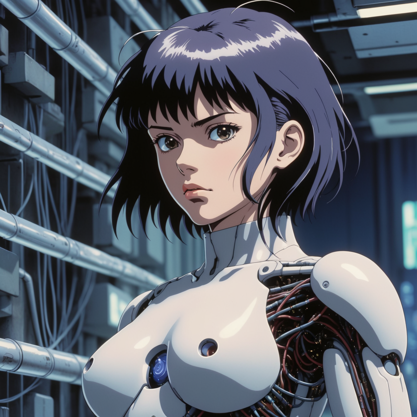 8k UHD ultra highly detailed, 1990s anime screenshot, Ghost in the Shell 1995, retro art style of Mamoru Oshii, cyborg, wires, futuristic, beautiful 1girl