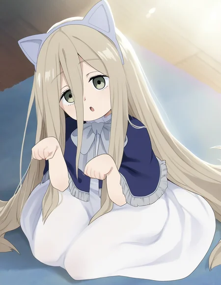 1girl on the floor, paw pose, open mouth, fake cat ears, sunlight, castle 
,,,,,,,,,,,,,,,,,,,,,,,,,,,,,,,,,,,,,,,,,,,,,,,,,,,,,,,,,,,,,,,,,,,,,,,,,,,,,,,,,,,,,,,,,,,,,,,,,,,,,,,,,,,,,,,,,,,,,,
 <lora:dagasi_style_illustrious01_v1-000037:1>  (sense \(sousou no frieren\):0.8), very long hair, hair between eyes, light brown hair ,blue capelet, white dress <lora:sense_illustriousXL_v01_last:.5>