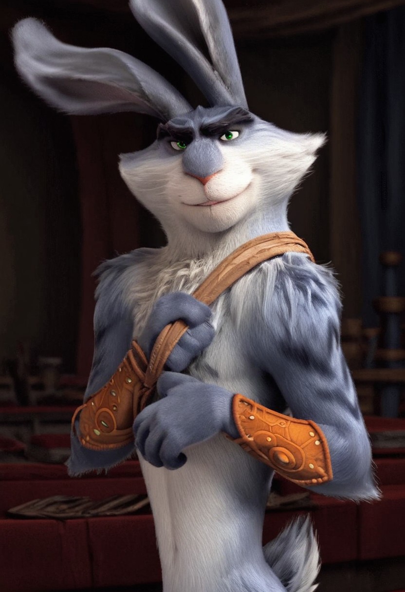 score_7_up, score_8_up, 1boy, solo male, from side, movie still, animated, 
BREAK,
bunnymund, anthro rabbit, fur markings, standing, smirk, sly expression, green eyes, sheathe on back, chest strap, bracers, arms wraps, hands on chest, looking at viewer, indoors,