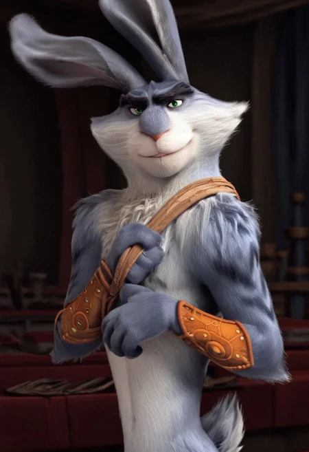 score_7_up, score_8_up, 1boy, solo male, from side, movie still, animated,
BREAK,
bunnymund, anthro rabbit, fur markings, standing, smirk, sly expression, green eyes, sheathe on back, chest strap, bracers, arms wraps, hands on chest, looking at viewer, indoors,