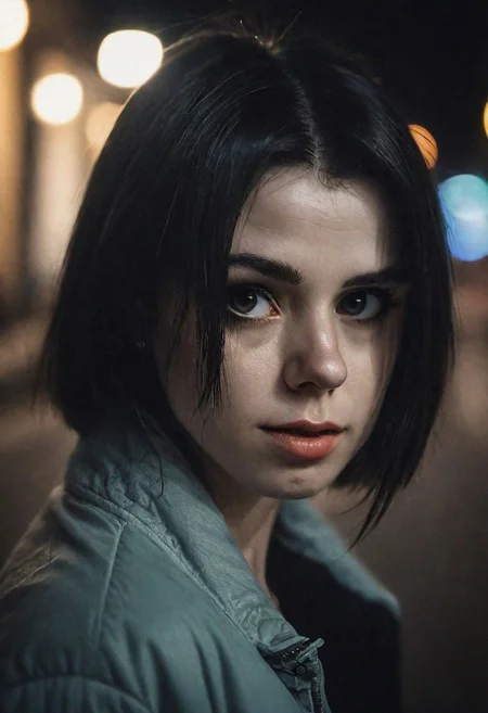 Portrait face Solo female ciborg in city, photograph ,pale beautiful Irish woman, black hair,  beautifull eyes, night time, cinematic composition,  cinematic filtering