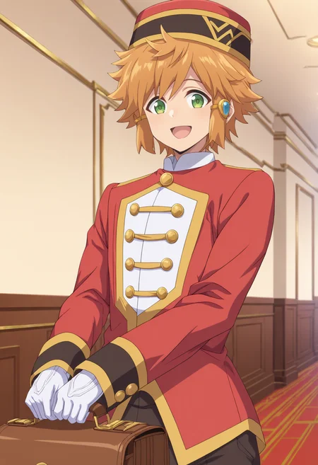 masterpiece,best quality,newest,absurdres,highres,lloyd belladonna,solo,looking at viewer,smile,open mouth,1boy,gloves,hat,holding,jacket,upper body,male focus,:d,white gloves,bag,uniform,red headwear,red jacket,briefcase,waiter uniform,holding briefcase,waiter,official art,<lora:lasdanV2_noob:1>,hotel,indoors,hallway,