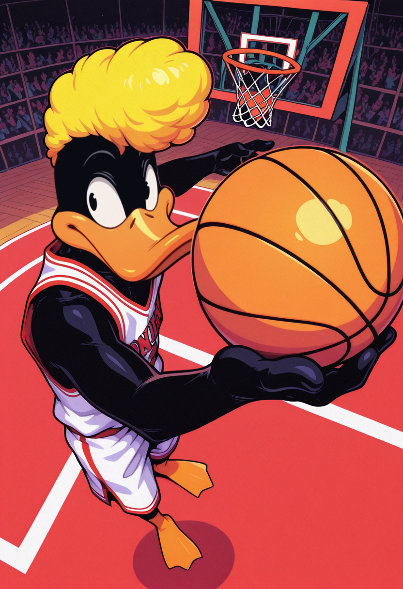 masterpiece, best quality, Graphic Design, color art, vibrant colors, colorful, intricate details, high contrast, detailed background, beautiful detailed, beautiful face, detailed eyes, detailed face, new, newest, z00td4ffy, 1boy, solo, male focus, furry, duck, black skin, beak, black eyes, yellow hair, pompadour, cowboy shot, looking away, from above, high angle, basketball, throwing ball, jumping, perspective, midair, basketball uniform, basketball hoop, basketball court,