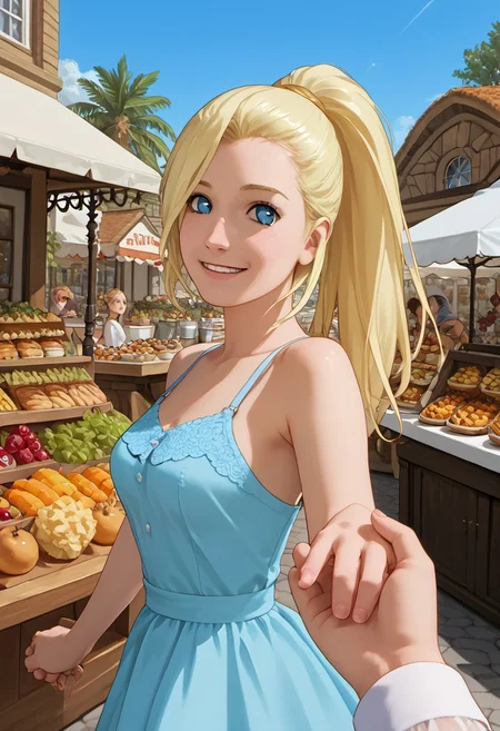 1girl, solo, score_9_up, score_8_up, score_7_up, score_6_up, cute face, detailed and beautiful face, detailed and beautiful eyes, cute girl, inoYamanakaPDXL, blonde, ponytail, blue eyes, medium breasts, sundress, walking in a marketplace, many food stalls, looking at the viewer, detailed, intricate details, realistic, FaceDetail, stunning, masterpiece, side view, happy, holding hands, solo focus, pov hands, out of frame