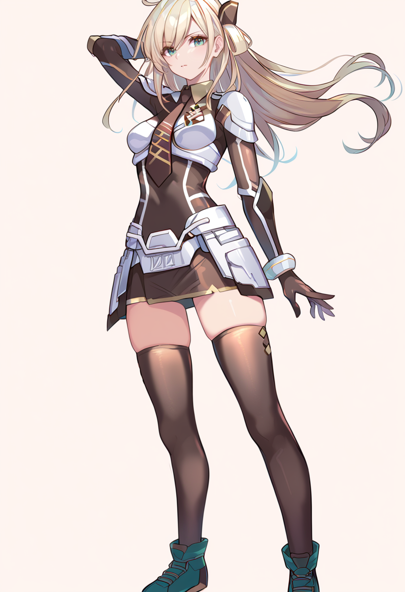 (score_9:0.9),score_8_up,score_7_up,rating:explicit,anime_style,(zPDXL),<lora:Sky striker ace - raye ponyXL v4.1:0.97>,sky striker ace - raye,ordinary uniform,brown hair ornament,brown necktie,brown thighhighs,black shoes,1girl,solo,holding,black katana,full body,looking at viewer,standing,arm up,closed mouth,white background,floating hair,medium breasts,battle bodysuit,armor gloves,armor boots,breasts armor,armor skirt,transforming,
