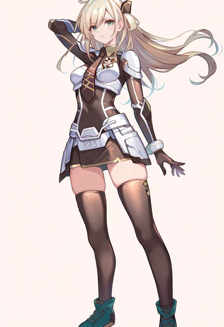 (score_9:0.9),score_8_up,score_7_up,rating:explicit,anime_style,(zPDXL),<lora:Sky striker ace - raye ponyXL v4.1:0.97>,sky striker ace - raye,ordinary uniform,brown hair ornament,brown necktie,brown thighhighs,black shoes,1girl,solo,holding,black katana,full body,looking at viewer,standing,arm up,closed mouth,white background,floating hair,medium breasts,battle bodysuit,armor gloves,armor boots,breasts armor,armor skirt,transforming,