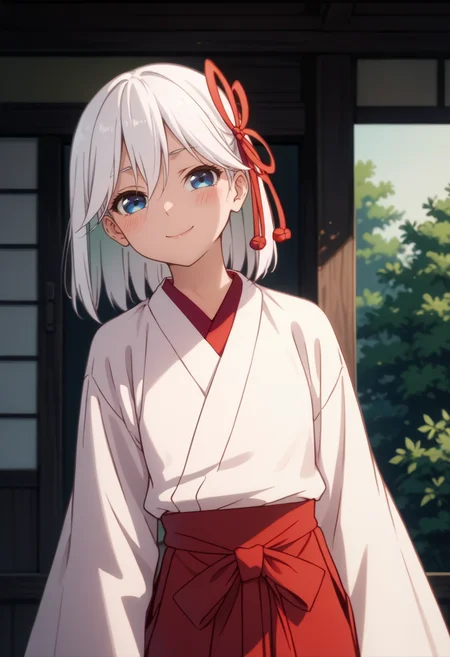 score_9, score_8_up,
1girl,  <lora:AmagamiAsahi_Amagamisan_PDXL:0.9>, amagamiasahi, blue eyes, white hair, red ribbon, hair ribbon, medium hair,
japanese clothes, miko, hakama skirt, red hakama, white kimono, wide sleeves,
slight smile, blush