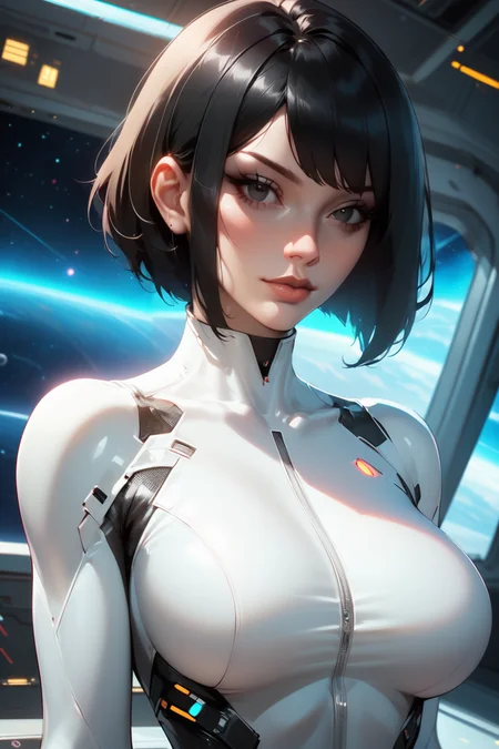score_9, score_8_up, score_7_up, sexy woman in a spaceship,
<lora:SXZ_-_Niji_Render_Style:0.9> nijistyle,
indoors, space ship interior, glowing screens,
1girl, solo, looking at viewer, upper body,
short hair, black hair, straight hair, bangs, black eyes,
white bodysuit, skintight, futuristic,
large breasts