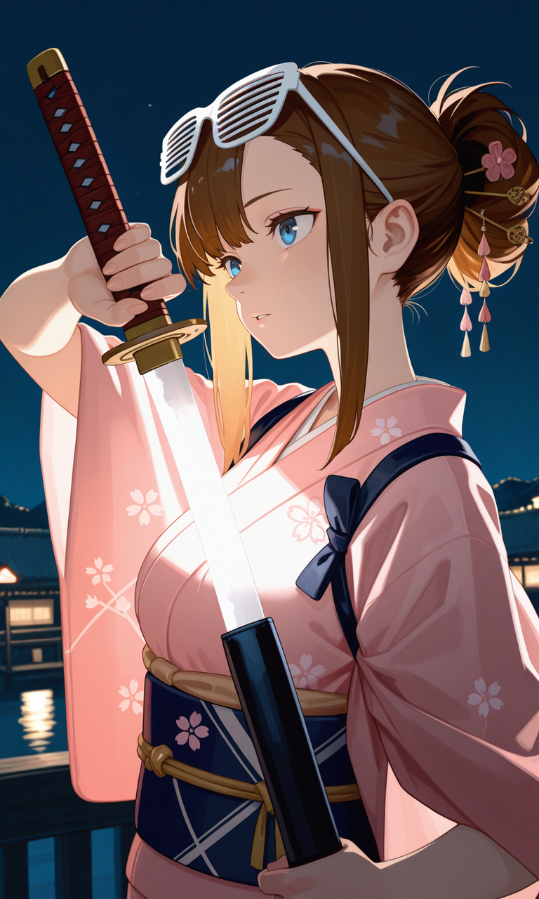embedding:IllusP0s, sa1t, painterly, 1girl, solo, night, outdoors, brown hair, blonde highlights, asymmetrical bangs, sidelocks, hairpin, hair ornament, blue eyes, parted lips, pink kimono, tasuki, obi, eyewear on head, shutter shades, low angle, contrast lighting, unsheathing, holding sheath, katana, weapon focus, drawing sword, (side view:0.5),<lora:sait.safetensors:1.0:1.0>