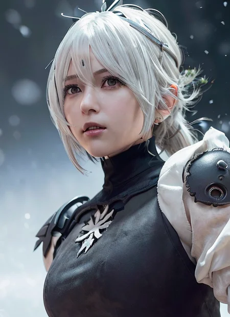 masterpiece, 8k, best quality, hyper-realistic, (photo-realistic, (RAW quality:1.5)), realistic, majestic, (intricate detail:1.3), (portrait:1.5), ultra high res, 50mm (stunningly and intricate beautiful, very gorgeous, 2b nier automata cosplay, 1girl, stunningly beautiful face, perfect anatomy, make up, fierce face, detailed skin texture, short hair, ((hair blown by air)), (detailed 2b nier automata suede material dress:1.2), (looking at viewers:1.1)), (action pose:1.5), floating particles, scattered luminous, (white-black ambience:1.2), (dramatic background:1.4), surreal, cinematic lighting, backlight, ultra sharp, ultra focus, bokeh, artstation, <lora:koreanDollLikeness_v15:0.2> <lora:japaneseDollLikeness_v10:0.5>