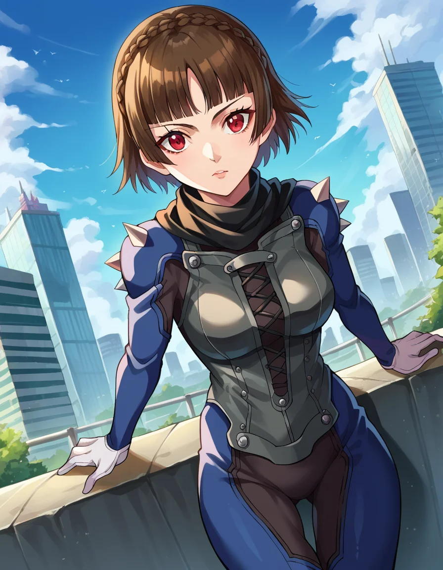 score_9, score_8_up, score_7_up, source_anime,
makotonijima, <lora:makoto-nijima-ponyxl-lora-nochekaiser:1>
makoto nijima, blunt bangs, braid, brown hair, crown braid, red eyes, short hair,
biker clothes, bodysuit, gloves, knee boots, scarf, shoulder spikes, spikes,
outdoors, cityscape,
looking at viewer, cowboy shot, dutch angle,