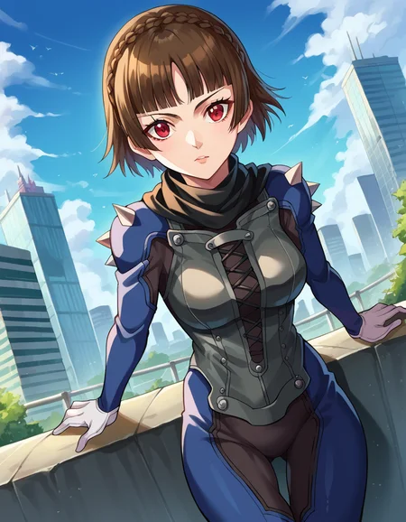 score_9, score_8_up, score_7_up, source_anime,
makotonijima, <lora:makoto-nijima-ponyxl-lora-nochekaiser:1>
makoto nijima, blunt bangs, braid, brown hair, crown braid, red eyes, short hair,
biker clothes, bodysuit, gloves, knee boots, scarf, shoulder spikes, spikes,
outdoors, cityscape,
looking at viewer, cowboy shot, dutch angle,