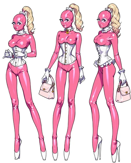 score_9, score_8_up, score_7_up, source_anime, masterpiece, dmitrys, <lora:ballet-boots_v0009-000030:1.0> <lora:latexHoodPonyV3:0.75> <lora:add-detail-xl:0.7> <lora:Expressive_H:0.25><lora:Dmitrys_Style_v2_PonyXL:0.5> <lora:Dynamic_Character_Model_Sheet:1>BREAK, 1girl, thigh gap, slim legs, (skinny:1.1), narrow waist, round breasts, ruffled gloves, handbag, lip filler, eye shadow, (ballet-boots:1.1), white (ruffled:1.1) ankle socks, white (ruffled:1.1) collar, pink latex (catsuit:1.1), white corset, (latexHood:1.1), ponytailHair, blonde, white (mary janes:1.1), BREAK dynamic character design, female focus, (portrait:1.1), (headshot:1.1), random views, multiple views
