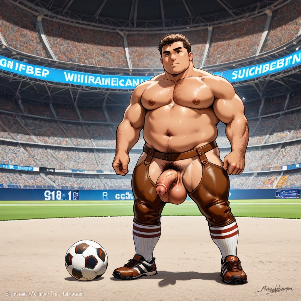 male focus, chubby, muscled, soccer players, wearing brown bavarian Lederhosen, chaps, german leather pants,, brown chaps soccer game, soccer ball, sport shoes, soccer socks, european football, stadium, wearing octoberfest pants, professional sports photography, tiny flaccid penis, big testicles, big stadium with audience, other players in the background