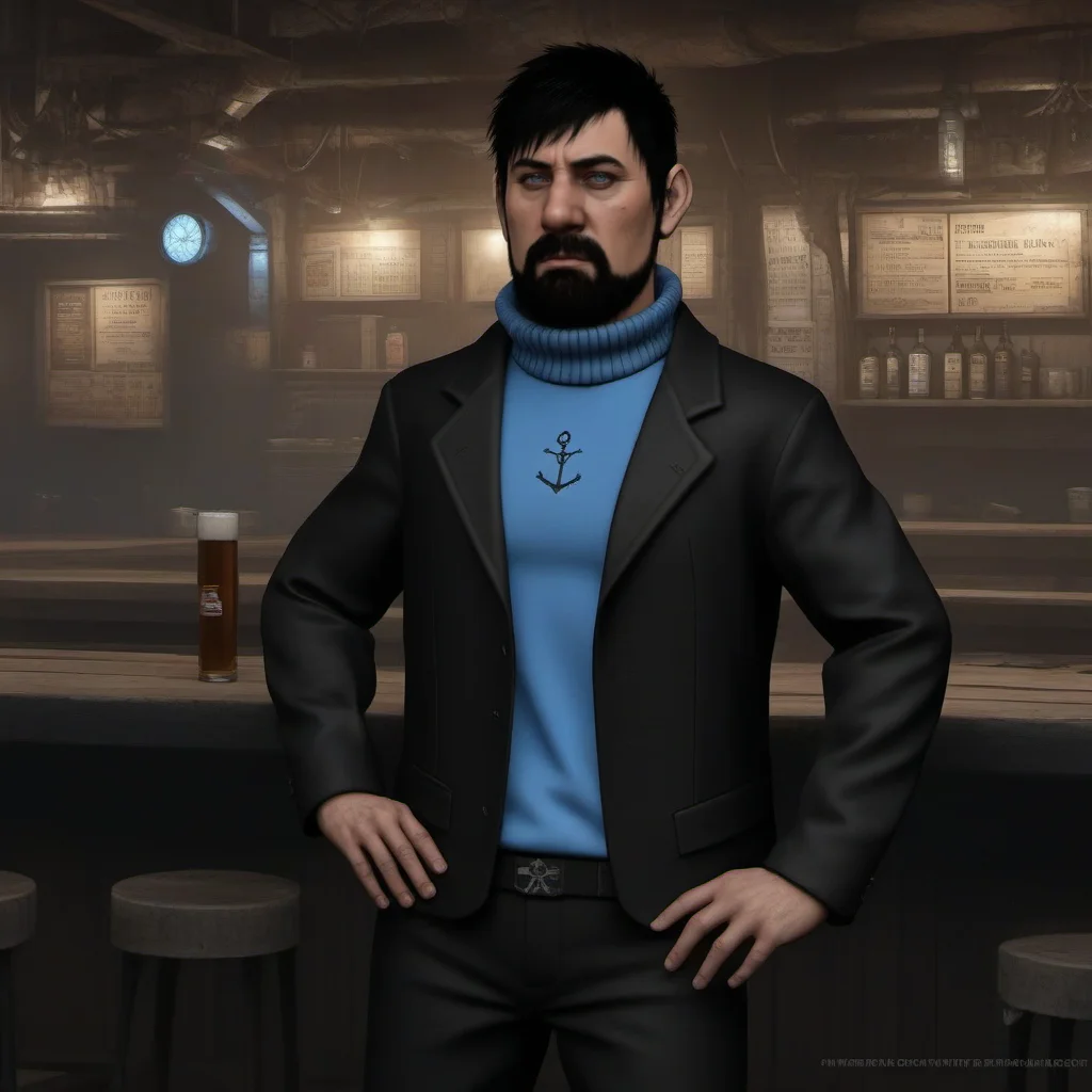 Dystopian style full body portrait robotic man , black hair, blue techno shirt, black techno jacket, blush, black techno pant, facial hair, cyberpunk tavern<lora:Haddock1024:0.8> . Bleak, post-apocalyptic, somber, dramatic, highly detailed