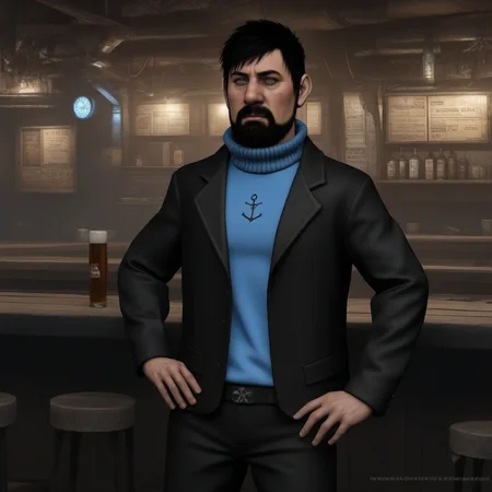 Dystopian style full body portrait robotic man , black hair, blue techno shirt, black techno jacket, blush, black techno pant, facial hair, cyberpunk tavern<lora:Haddock1024:0.8> . Bleak, post-apocalyptic, somber, dramatic, highly detailed