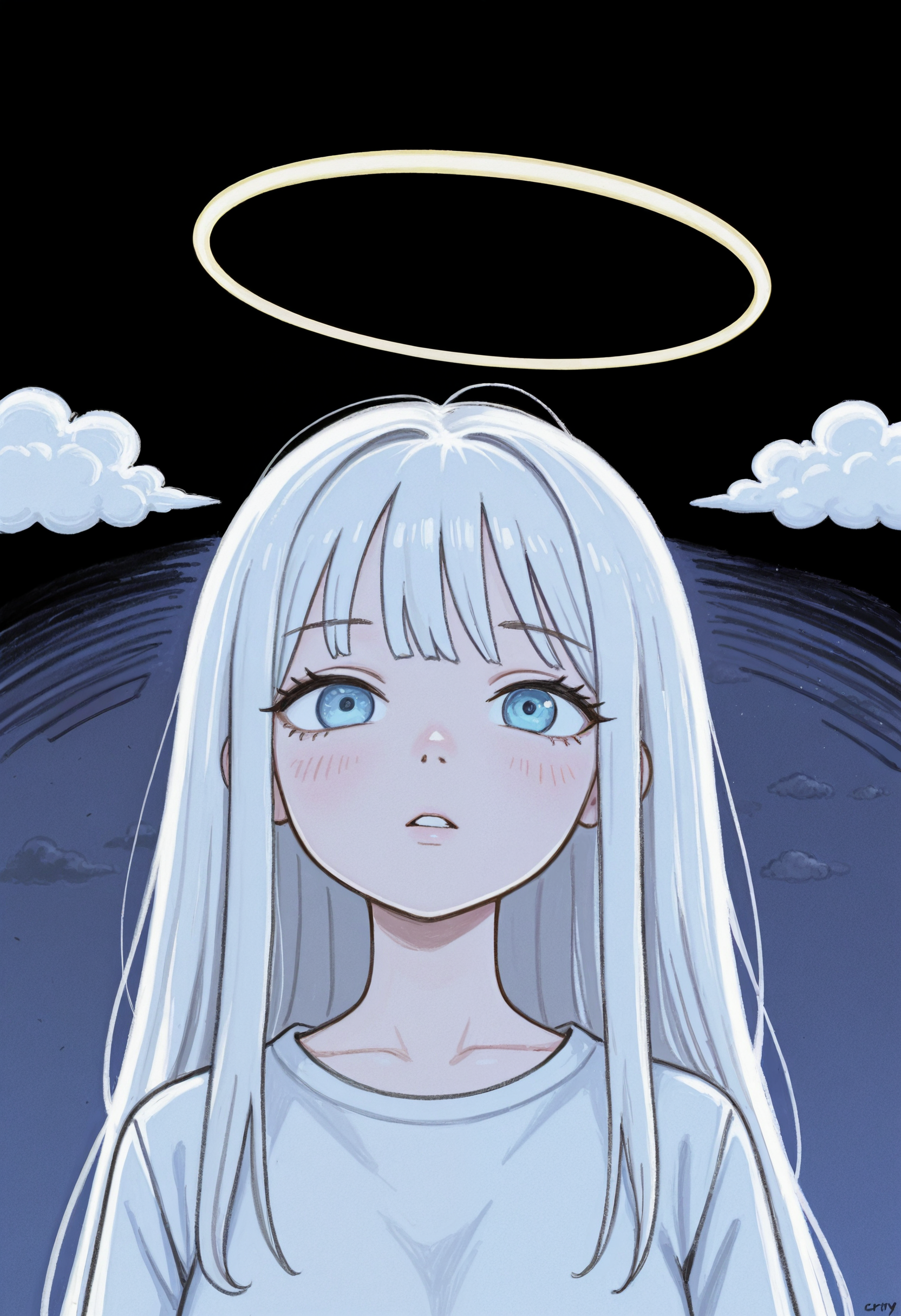 <lora:Crayon_style_Illustrious:1> crstyle,
1girl, cloud, halo,