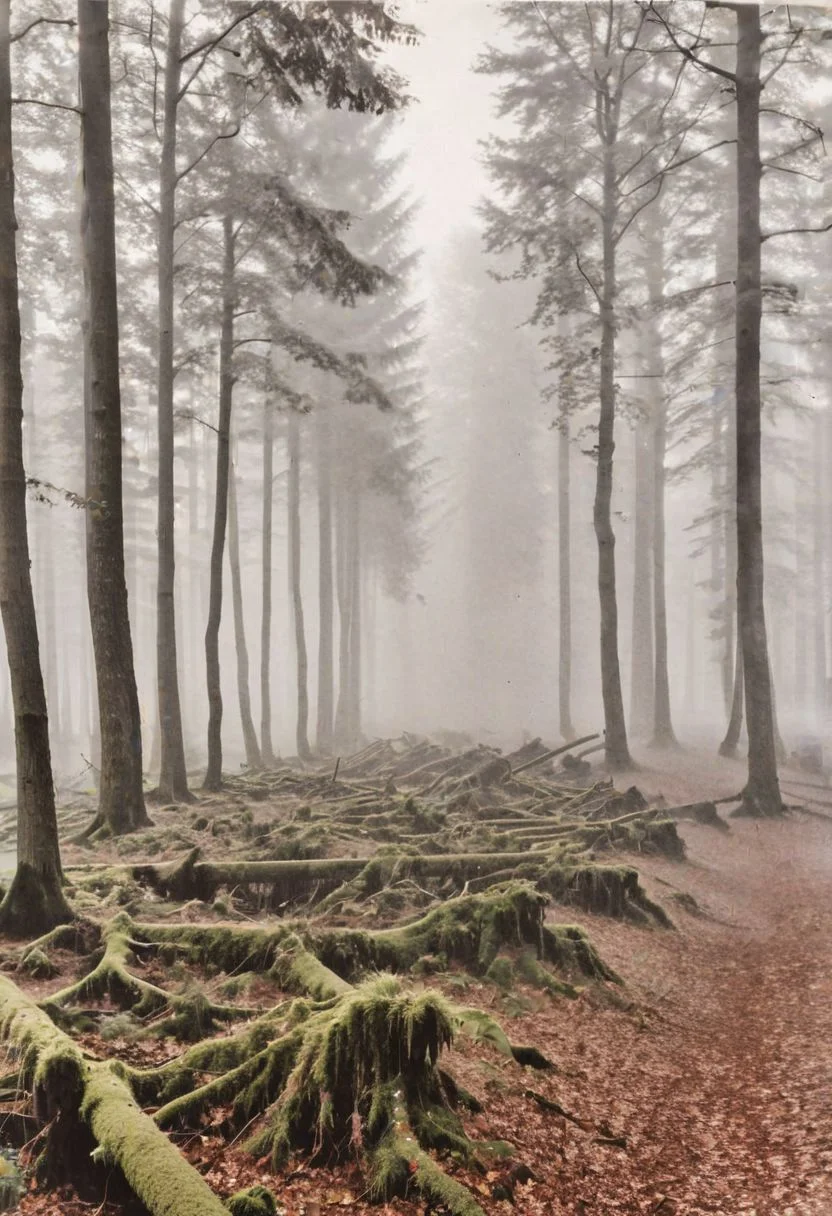 lith_Berlofot_Berlolux1N, a foggy forrest with old and strong trees