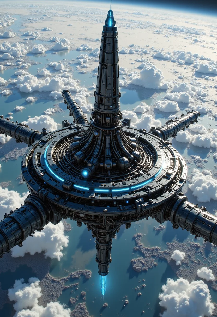 pinkmechalux, A breathtaking view of a colossal, futuristic spacecraft/orbital station in orbit around **Earth**. The central spire is obsidian black, reflecting the planetary light with subtle iridescence. The circular base features intricate geometric patterns and glowing blue energy fields. Multiple smaller structures extend outwards like arms, hinting at internal complexity. Earth fills much of the background, showcasing swirling white cloud formations and a visible atmospheric haze over continents. Photorealistic rendering, dramatic lighting, volumetric atmosphere, global illumination, 8k resolution, cinematic composition, hyperdetailed textures. Style: Science Fiction Concept Art, Hard Surface Modeling.