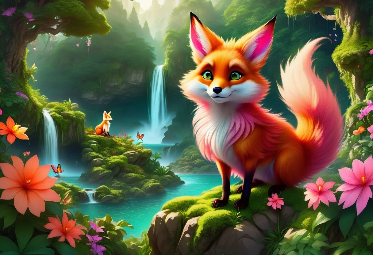a cute fantasy animal resembling a mix between a fox and a squirrel, with large expressive eyes, fluffy fur, and a bushy tail, standing on a moss-covered rock surrounded by butterflies, in an enchanted forest with a waterfall in the background, lush greenery, and colorful flowers, whimsical cartoon-like style, soft lighting, bright magical atmosphere, soft greens, pinks, and purples, playful and enchanted feel