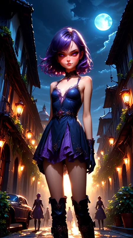 <lora:Fjola-000007:0.5>, Fjola, purple hair, purple eyes, facing viewer, small breasts, gloves, boots, closed mouth smirk,
outside, on the top of a building at night,
1 girl, cute, (petite), (red lips:0.8), sultry look, seductive,
(Full body shot:0.7),
<lora:detailed_notrigger:1>,
PonyScores7,
<lora:MythP0rtr4itStyle:0.4> mythp0rt,
epic beautiful lighting, god rays, moonlight beams, volumetric lighting, rim lighting, nighttime scene, blue moon,
masterpiece, beautiful and detailed brightness, (goosebumps:0.5), subsurface scattering, ultra realistic, textured skin, visible skin detail, skin fuzz