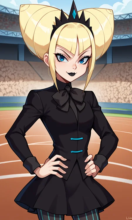 score_9, score_8_up, score_7_up, source_anime, detailed background, cowboy shot, looking at viewer, smirk,, closed mouth, k4lik1ng, 1girl, solo, blonde hair, cone hair bun, blue eyes, mascara, black lips, tiara, black jacket, long sleeves, black bowtie, black shirt, collared shirt, black skirt, vertical-striped pantyhose, outdoors, colosseum, arena, standing, hands on hips,