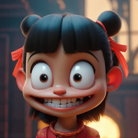 3D cinematic film.(caricature:0.2), nezha,(dark circle around the eye:1.23),bangs, laugh, teeth,
highly detailed,8K,HDR,UHD,masterpiece,best quality,highly detailed,wallpaper,reality ray tracing,