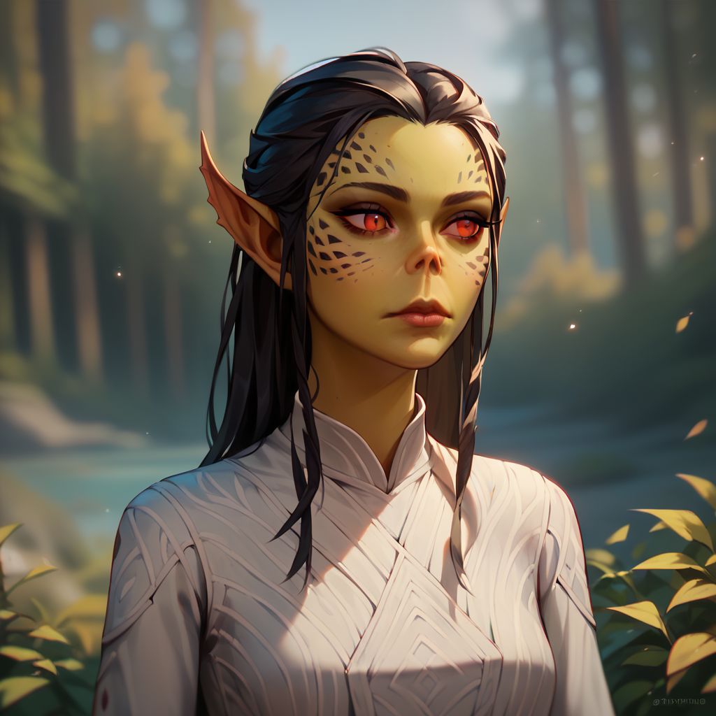 (((beautiful, high quality))), upper body, score_9, score_8_up, score_7_up, solo,
Gith, pointed ears, spots on skin, flat nose, 1girl, red eyes, long black hair, white shirt,
Outdoor, fantasy background, nature, blurred background,