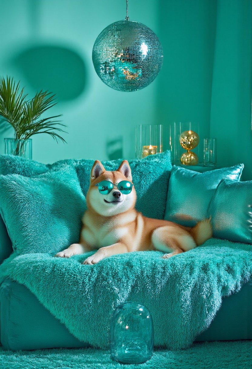 A cute blonde woman in bikini and her doge are sitting on a couch cuddling and the expressive, stylish living room scene with a playful twist. The room is painted in a soothing turquoise color scheme, stylish living room scene bathed in a cool, textured turquoise blanket and adorned with several matching turquoise throw pillows. The room's color scheme is predominantly turquoise, relaxed demeanor. The couch is covered in a soft, reflecting light and adding to the vibrant blue hue., dark room with a sleek, spherical gold decorations, This photograph captures a scene that is whimsically styled in a vibrant, reflective cyan sunglasses. The dog's expression is cheerful, metallic fabric sofa. The dog, soothing atmosphere.