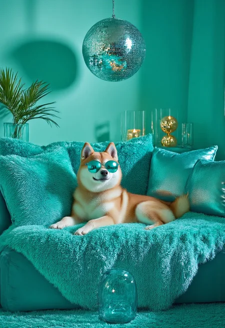 A cute blonde woman in bikini and her doge are sitting on a couch cuddling and the expressive, stylish living room scene with a playful twist. The room is painted in a soothing turquoise color scheme, stylish living room scene bathed in a cool, textured turquoise blanket and adorned with several matching turquoise throw pillows. The room's color scheme is predominantly turquoise, relaxed demeanor. The couch is covered in a soft, reflecting light and adding to the vibrant blue hue., dark room with a sleek, spherical gold decorations, This photograph captures a scene that is whimsically styled in a vibrant, reflective cyan sunglasses. The dog's expression is cheerful, metallic fabric sofa. The dog, soothing atmosphere.