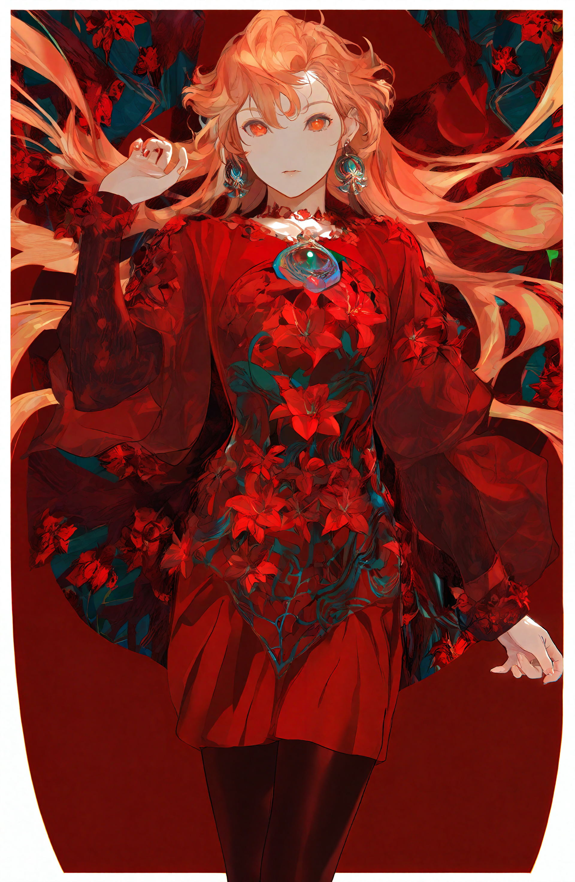 1girl, solo, long_hair, looking_at_viewer, long_sleeves, dress, jewelry, flower, earrings, orange_hair, orange_eyes, floating_hair, border, red_flower, red_theme