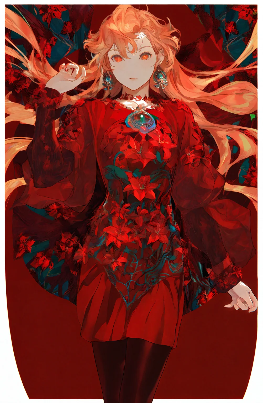 1girl, solo, long_hair, looking_at_viewer, long_sleeves, dress, jewelry, flower, earrings, orange_hair, orange_eyes, floating_hair, border, red_flower, red_theme