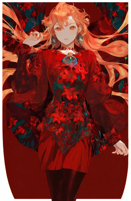 1girl, solo, long_hair, looking_at_viewer, long_sleeves, dress, jewelry, flower, earrings, orange_hair, orange_eyes, floating_hair, border, red_flower, red_theme