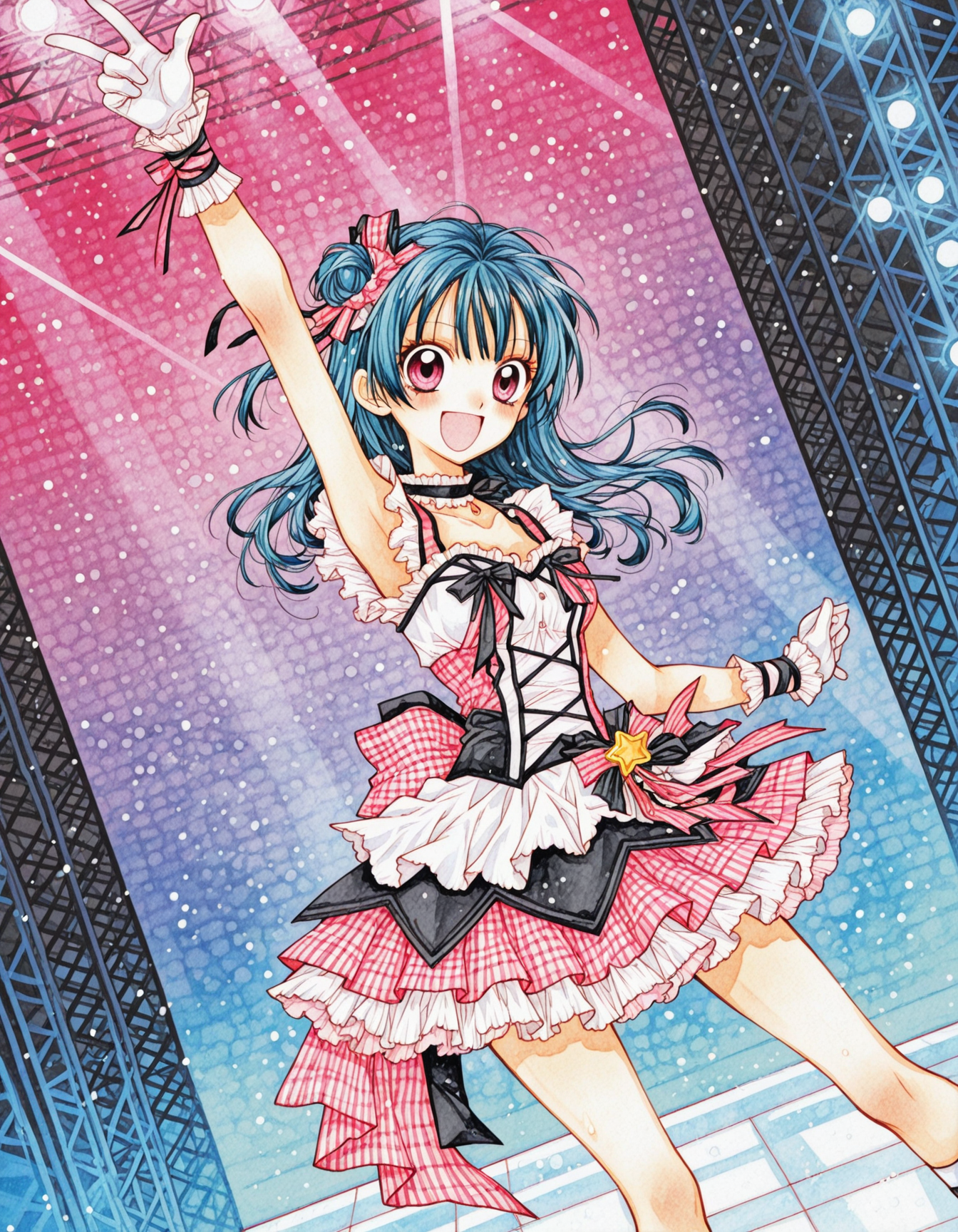 1girl,<lora:ribbon_style> ,watercolor \(medium\),tsushima yoshiko, idol costume,stage,stage_light,dancing,happy,multicolored background, dutch angle,dramatic angle,
<lora:dmd2_sdxl_4step_lora_fp16:1>