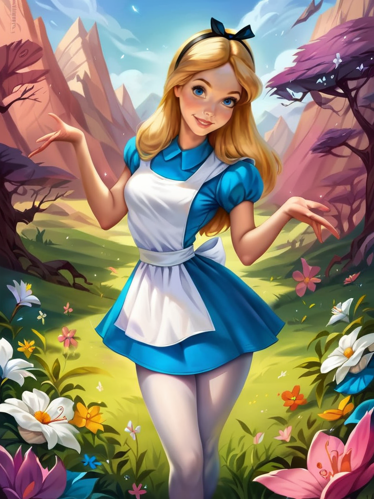 core_9, score_8_up, score_7_up, score_6_up, AliceWaifu walking in a forest around multiple flowers, magic particles, leaning forward, cute pose, medium breasts, narrow waist, wide hips, thick thighs, cinematic, naughty face, smile,  blue eyes, blue dress, white pantyhose, apron, black hairband, blonde, disney style, looking at viewer, realistic, cute, alice (alice in wonderland),
detailed landscape, cowboy shot,
<lora:AliceInWonderlandXLPony_character:0.8>