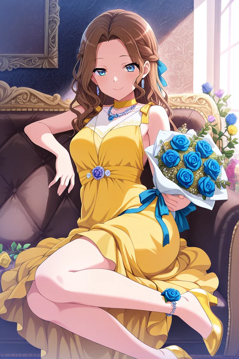 masterpiece, best quality, amazing quality,
 <lora:Hisame_IL:1> hisame, 1girl, dress, brown hair, solo, couch, flower, jewelry, smile, yellow footwear, blue eyes, necklace, indoors, rose, long hair, sleeveless, ribbon, sleeveless dress, braid, yellow dress, anklet, bouquet, blue flower, closed mouth