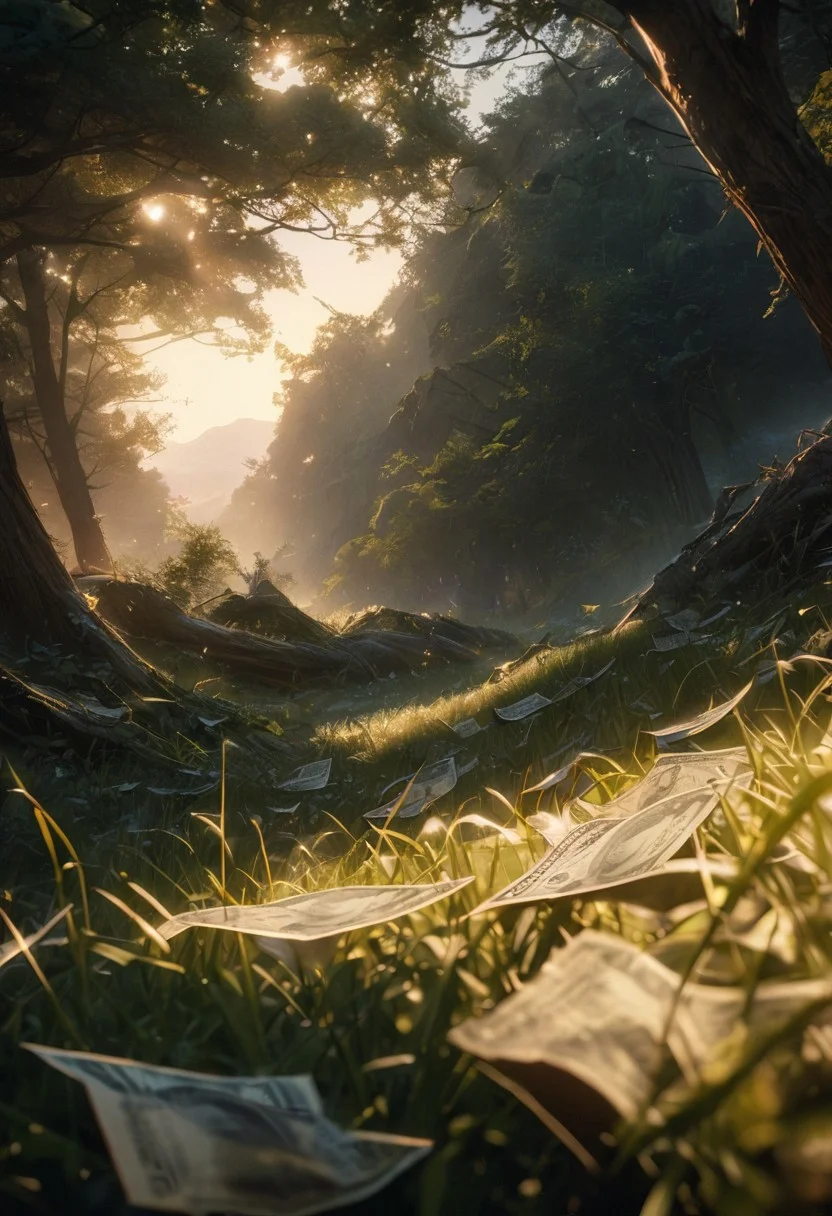 (best quality, 8k, high res, masterpiece:1.2), photorealistic, ultra-detailed, vibrant photography of a picturesque money orachard at sunset, wads of hunded dollar bills grow from gorgeous tree heaviy with ripe cash-rolls, dollars line the lush grasses of the meadow, beauty and abundance of nature in exquisite detail. (dynamic angle, cinematic lighting, ethereal atmosphere:1.1), (extremely detailed:1.2), (vivid colors:1.3), (perfect composition:1.2), (sharp focus, stunning realism:1.2)