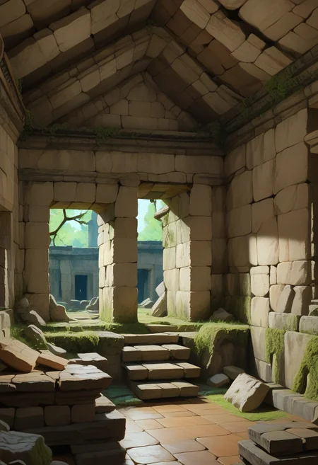 score_8, score_8_up, score_7_up, score_6_up, fantasy, source_painting, traditional media BREAK no humans, Angkol_ruins, ruins, indoors, overgrown, moss, building, doorway, stone stairs, stone wall, dark colors,