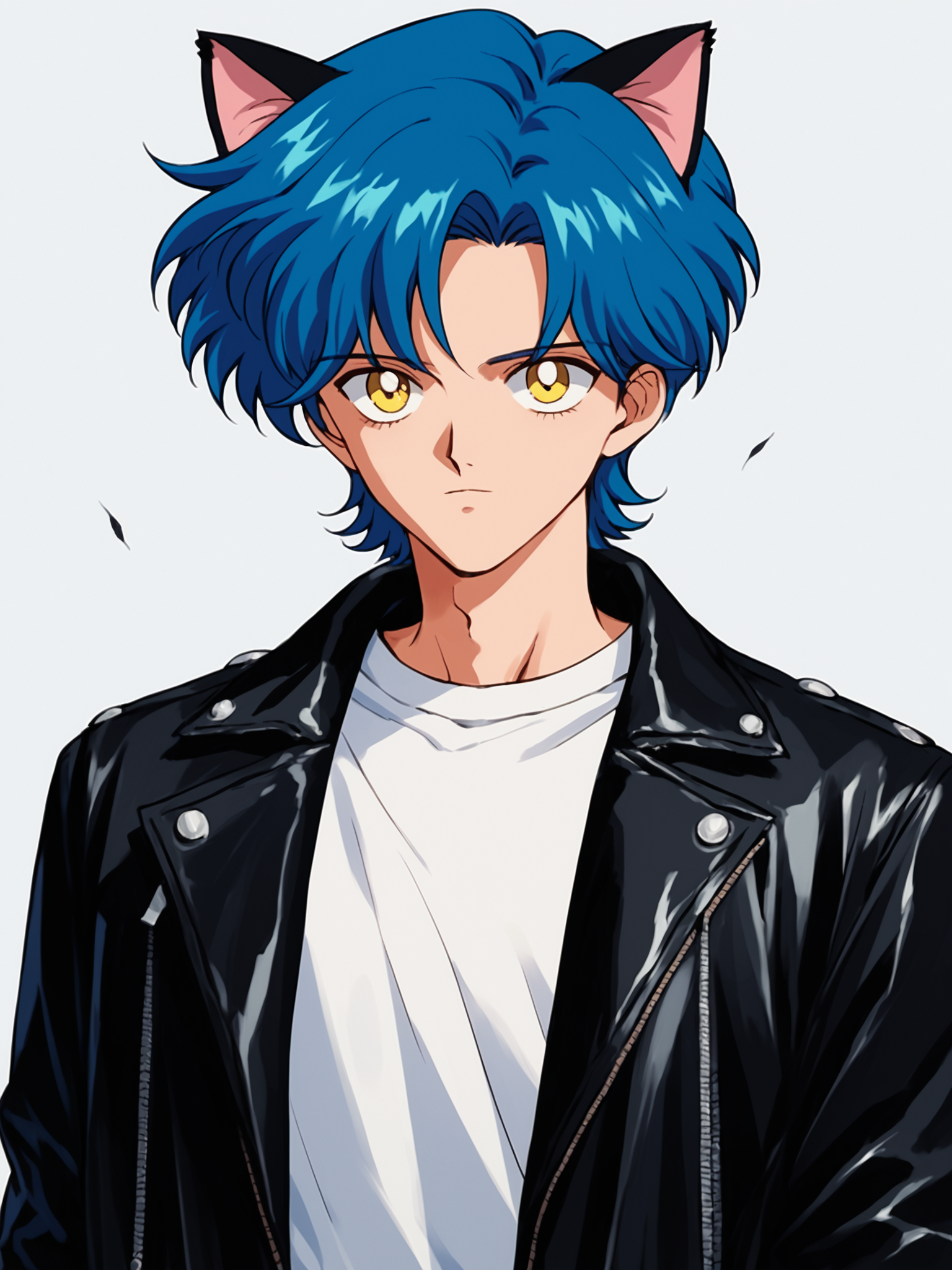 1990s (style), anime coloring, sm90s, 1boy, male focus, solo, yellow eyes, animal ears, blue hair, shirt, cat ears, white shirt, leather, upper body, jacket, black jacket, open jacket, open clothes, looking at viewer, BREAK PonyXLV6_Scores , <lora:SM90sPDXL_r1:0.8>