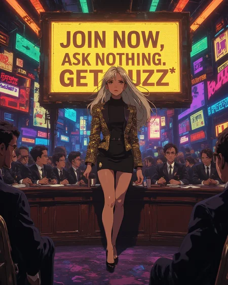 a stunning, sexy anime CEO standing confidently in front of a fake business seminar screen, holding an oversized glowing gold sign with bold text: "JOIN NOW. ASK NOTHING. GET BUZZ*",